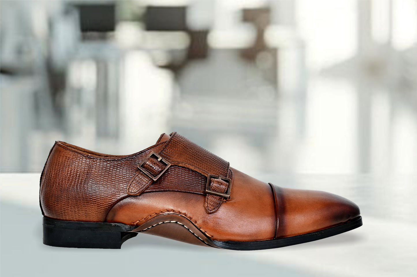 Tan Textured Leather Double Strap Formal Monk Shoes