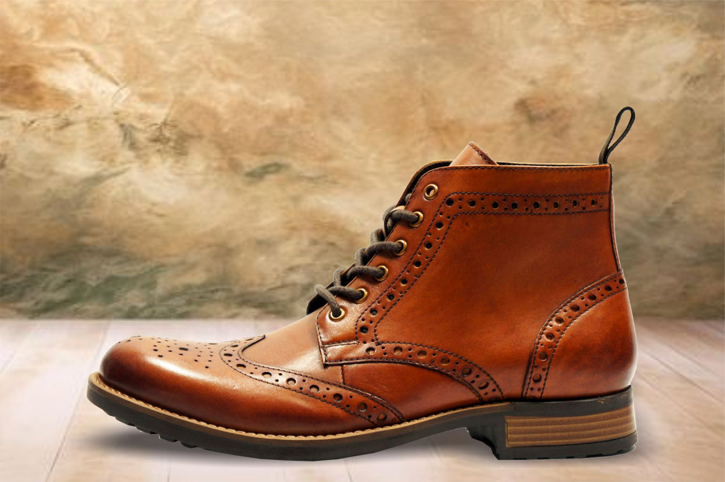 Tan Genuine Leather Men's brogue lace-up boots for Casual Wear