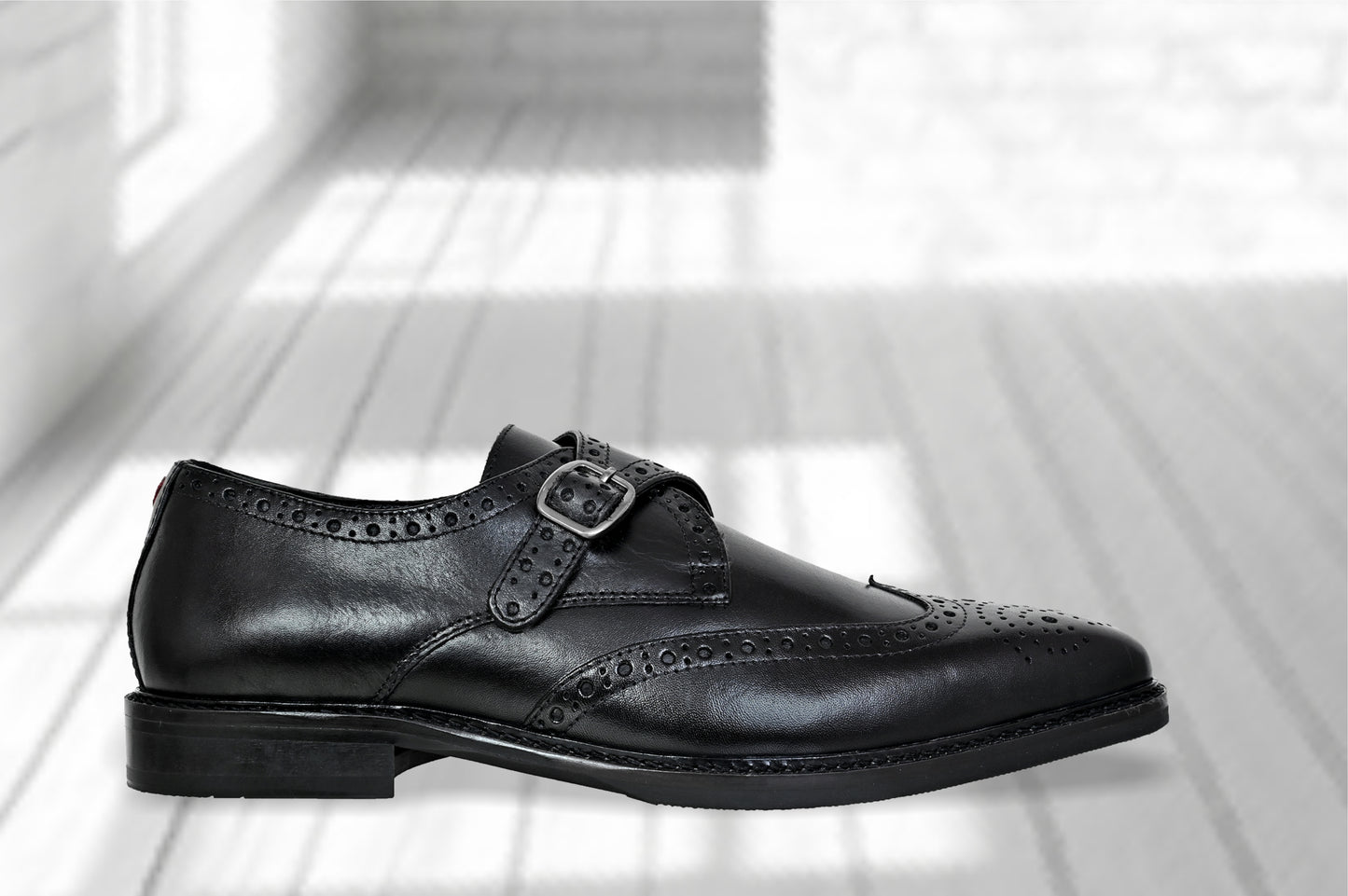Black Leather Brogues Single Strap Formal Monk Shoes