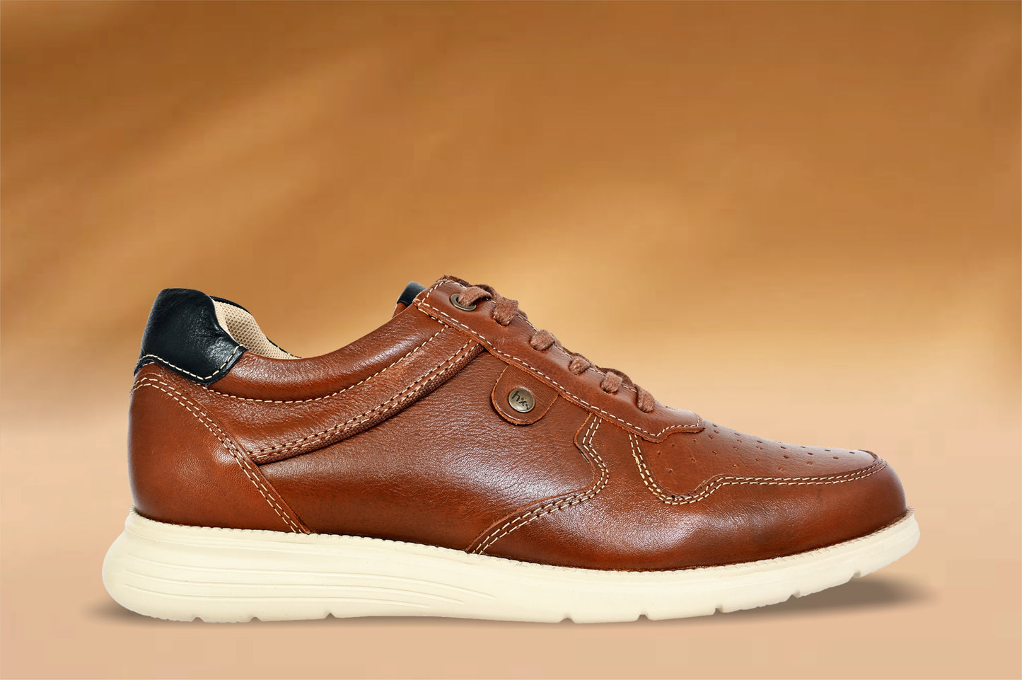 Tan Leather Men Perforations Round Toe Lightweight Sneakers