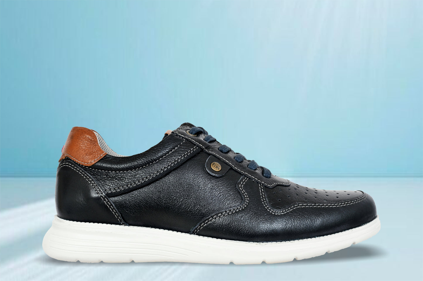 Navy Leather Men Perforations Round Toe Lightweight Sneakers