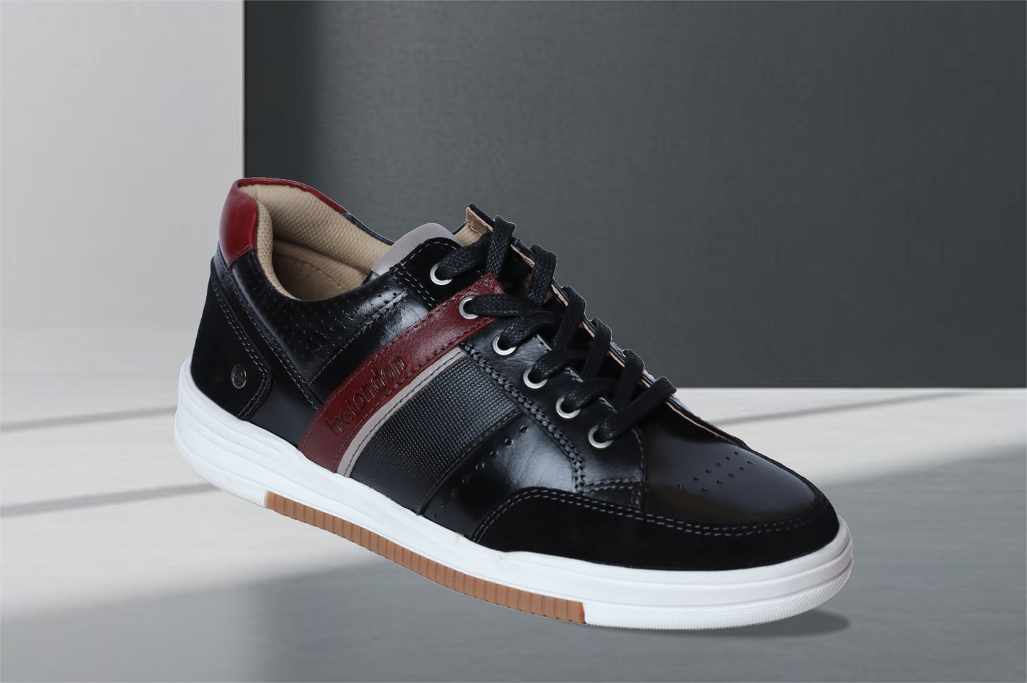 Black & Red leather Lace-up Sneakers for Men