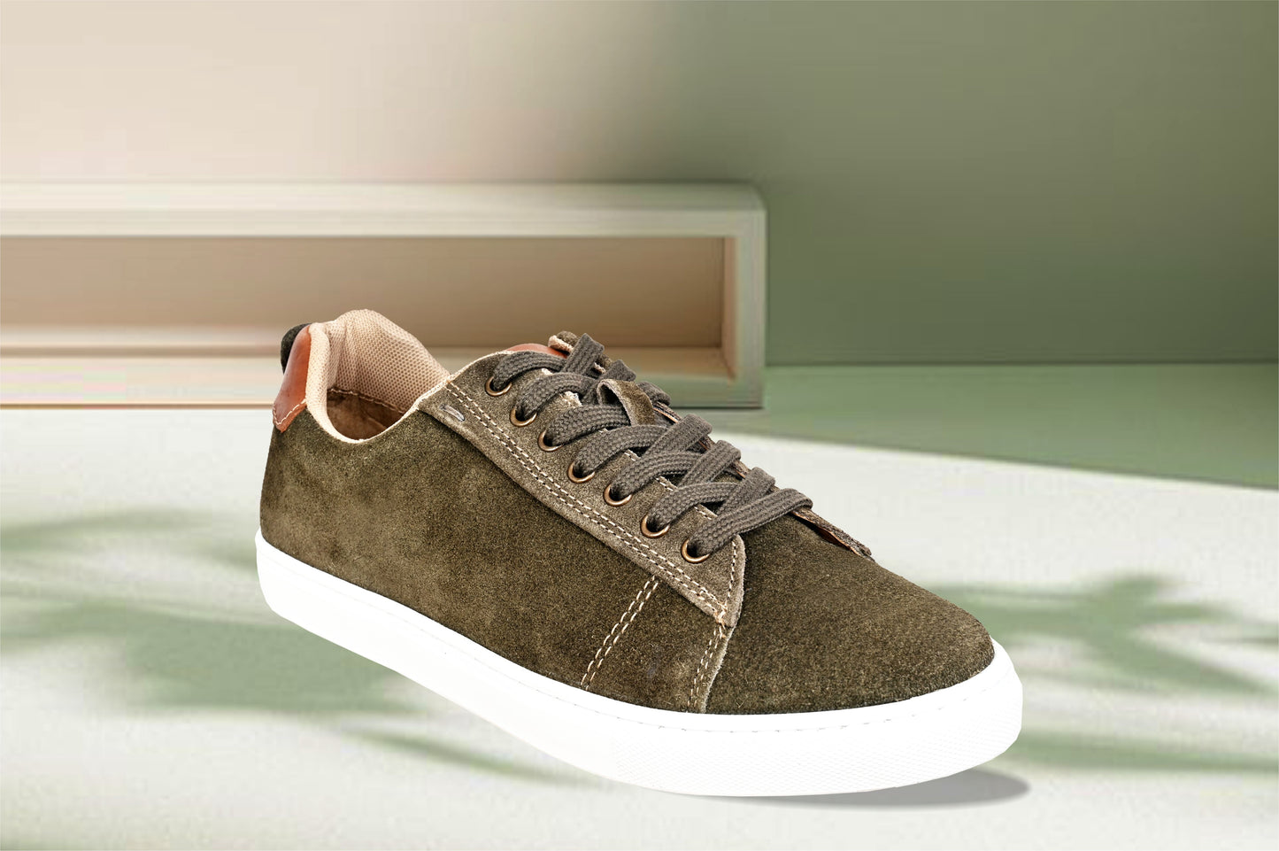 Olive Genuine Suede Leather Formal Lace-Up Sneakers For Men