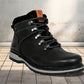 Black Leather Round Toe Mid Top Lace-Up Boots