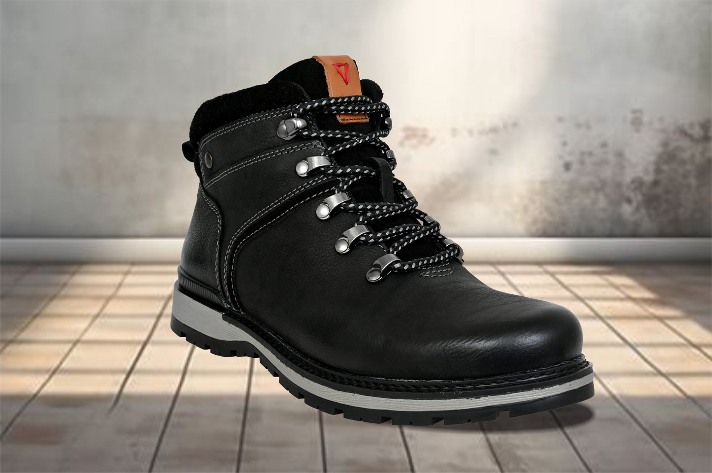 Black Leather Round Toe Mid Top Lace-Up Boots