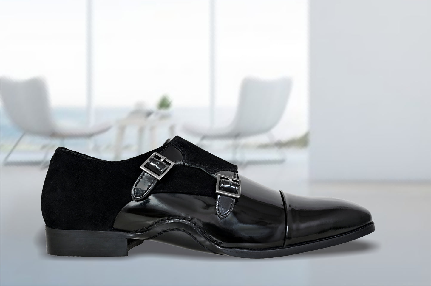 Black Patent Leather Double Strap Formal Monk Shoes