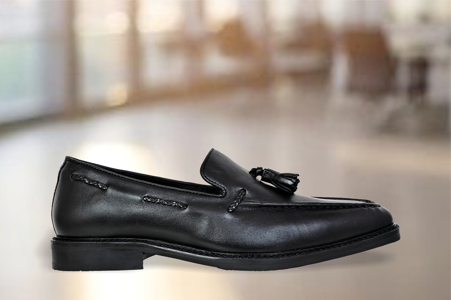 Black Leather Men Tassel Formal Loafers