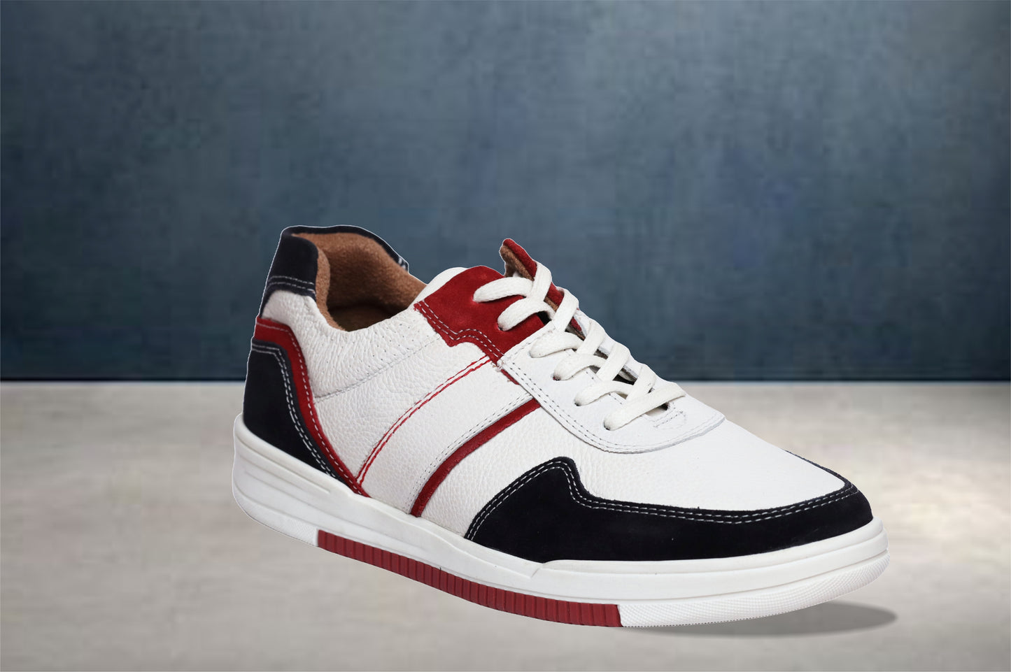 White & Blue leather Lace-up Sneakers for Men