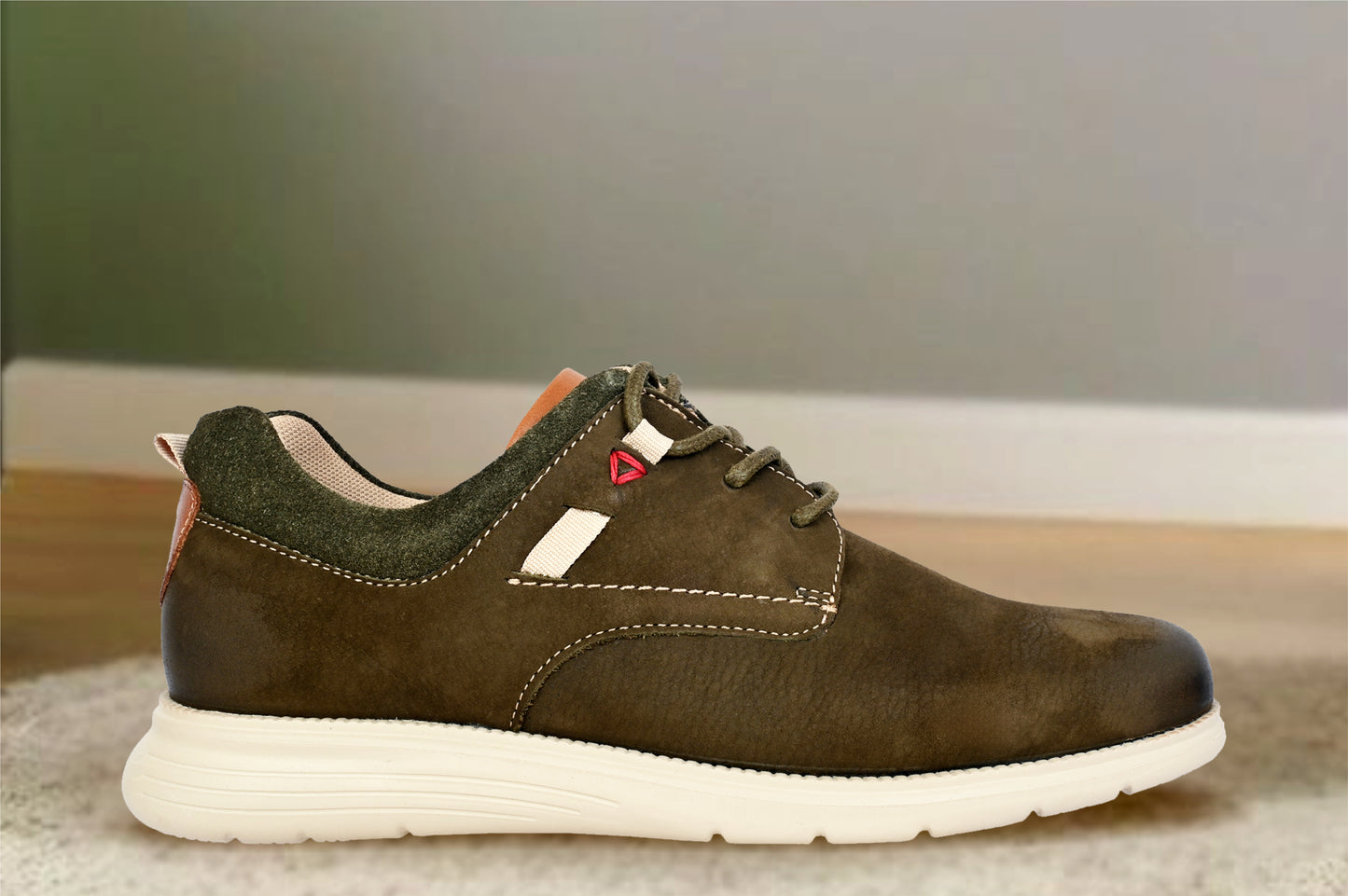 Olive Leather Men Round Toe Lightweight Nubuck Sneakers