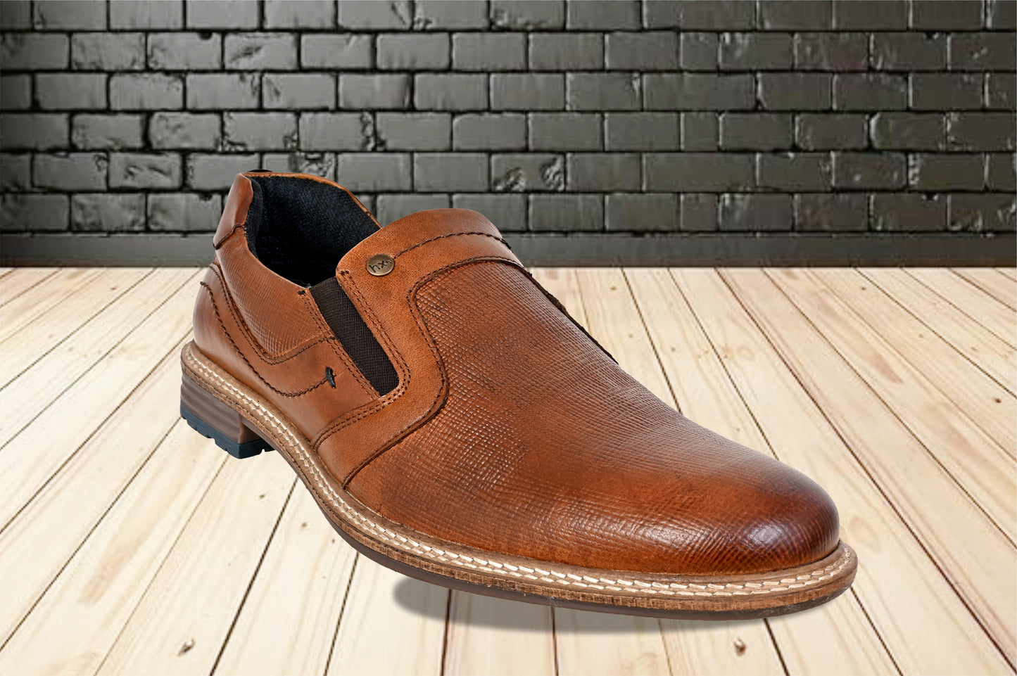 Tan Leather Textured Formal Slip-On Shoes