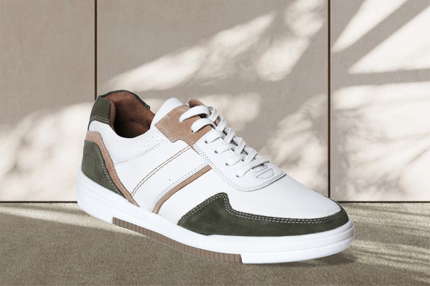 White & Olive leather Lace-up Sneakers for Men