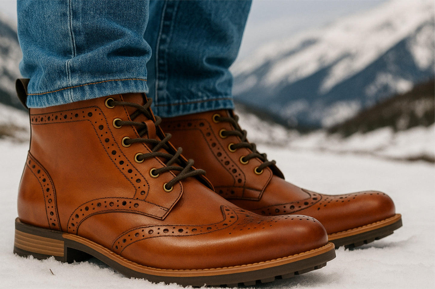 Tan Genuine Leather Men's brogue lace-up boots for Casual Wear
