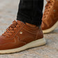 Tan Leather Men Perforations Round Toe Lightweight Sneakers