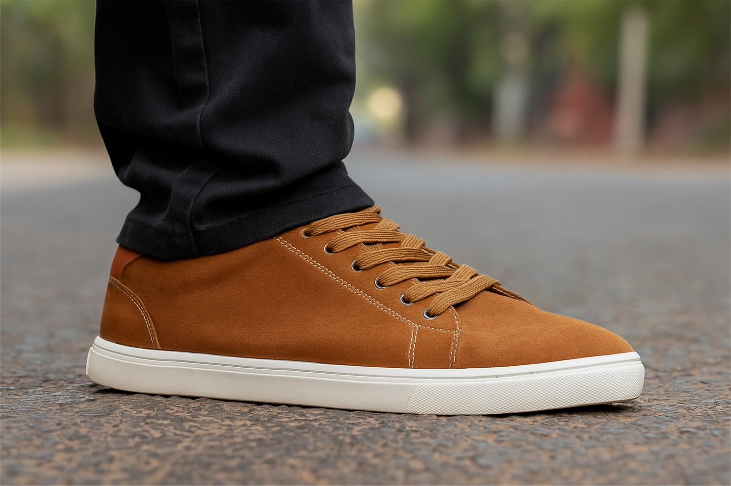 Camel Genuine Suede Leather Formal Lace-Up Sneakers For Men