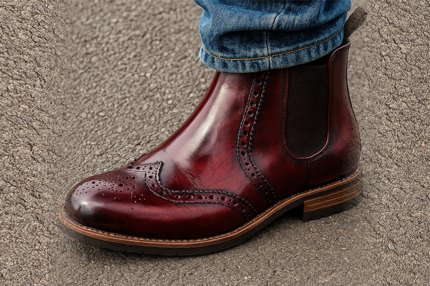 Burgundy Genuine Leather Men's brogue Chelsea Boots For Casual & Party Wear