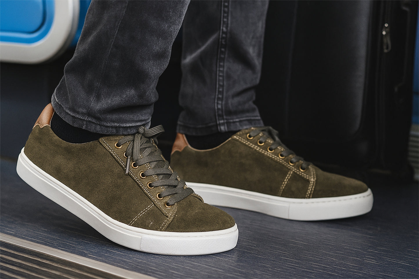 Olive Genuine Suede Leather Formal Lace-Up Sneakers For Men