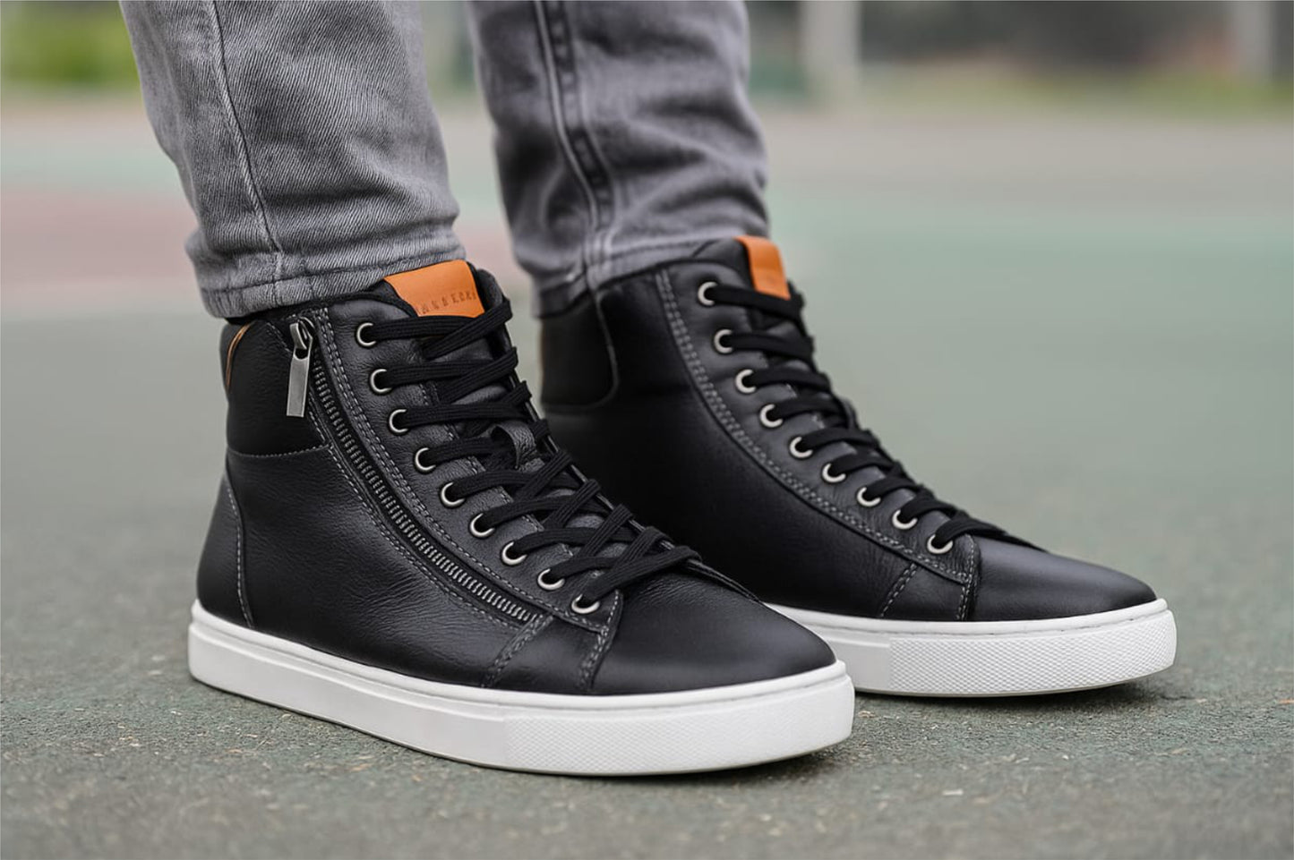 Black Genuine Leather Ankle Sneakers for Men