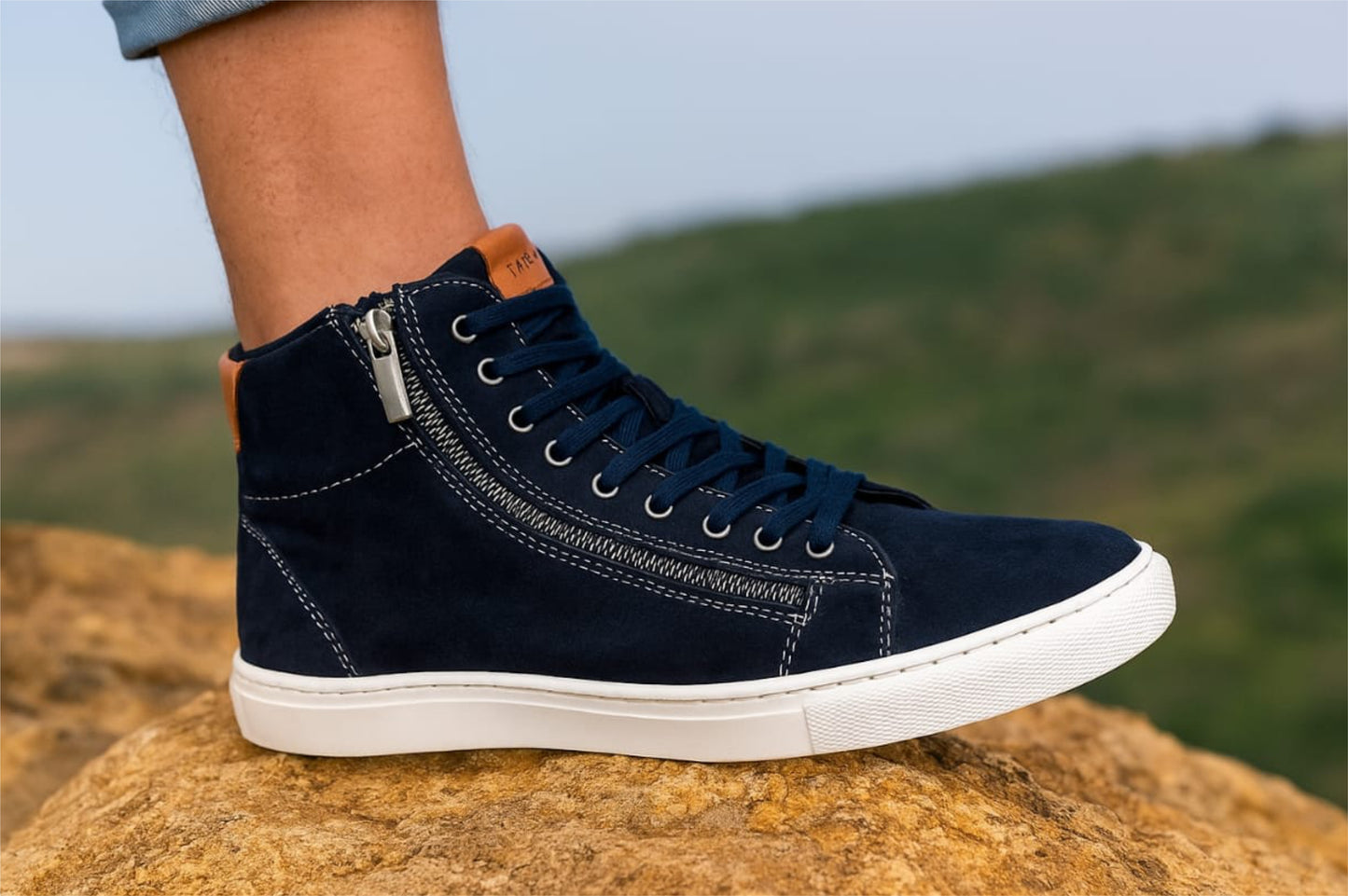 Navy Genuine Suede Leather Ankle Sneakers for Men