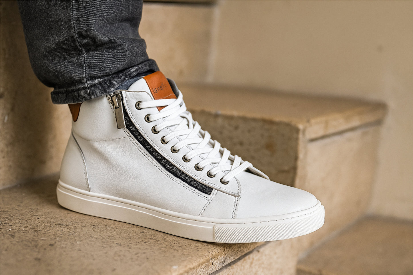 White Genuine Leather Ankle Sneakers for Men