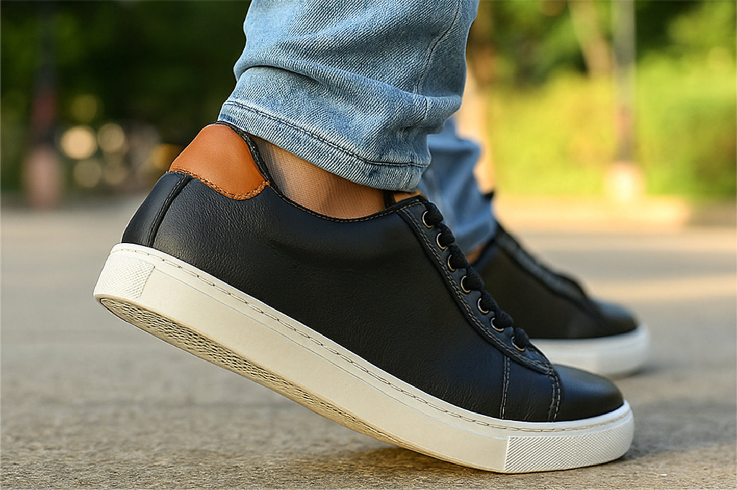 Black Genuine Leather Formal Lace-Up Sneakers For Men