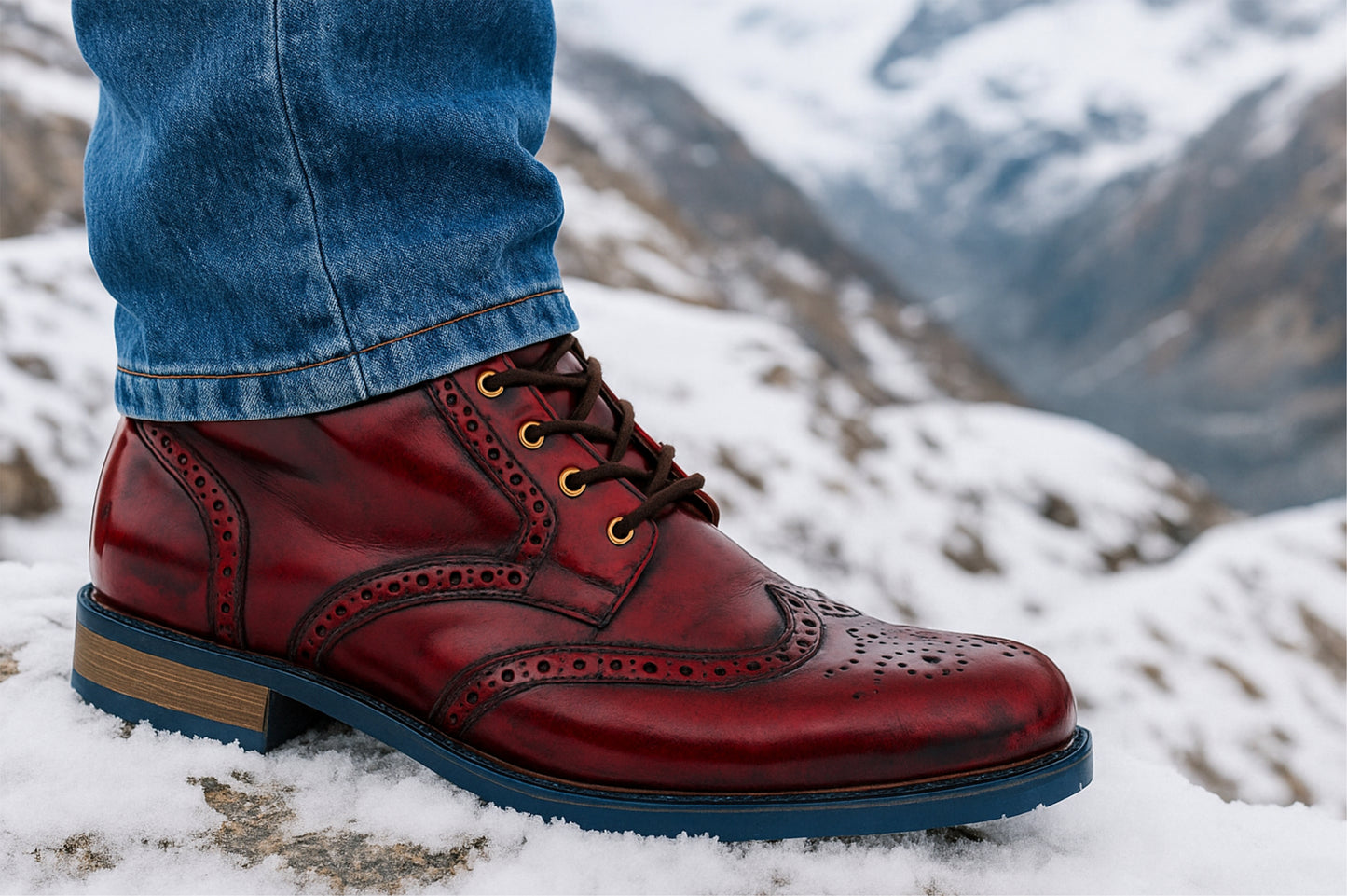 Burgundy Genuine Leather Men's brogue lace-up boots for Casual Wear