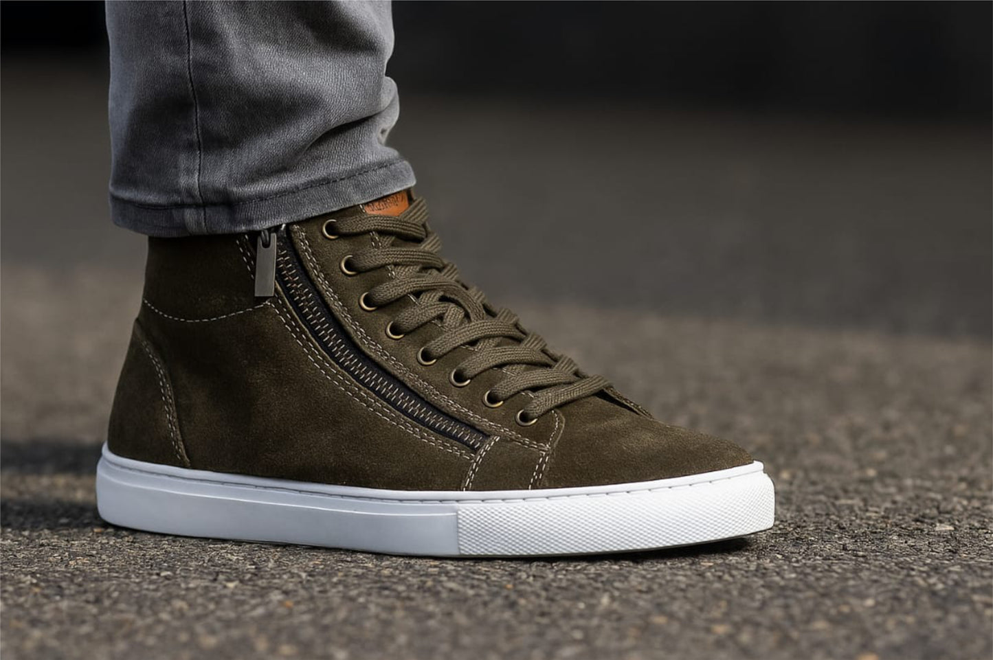 Olive Genuine Suede Leather Ankle Sneakers for Men