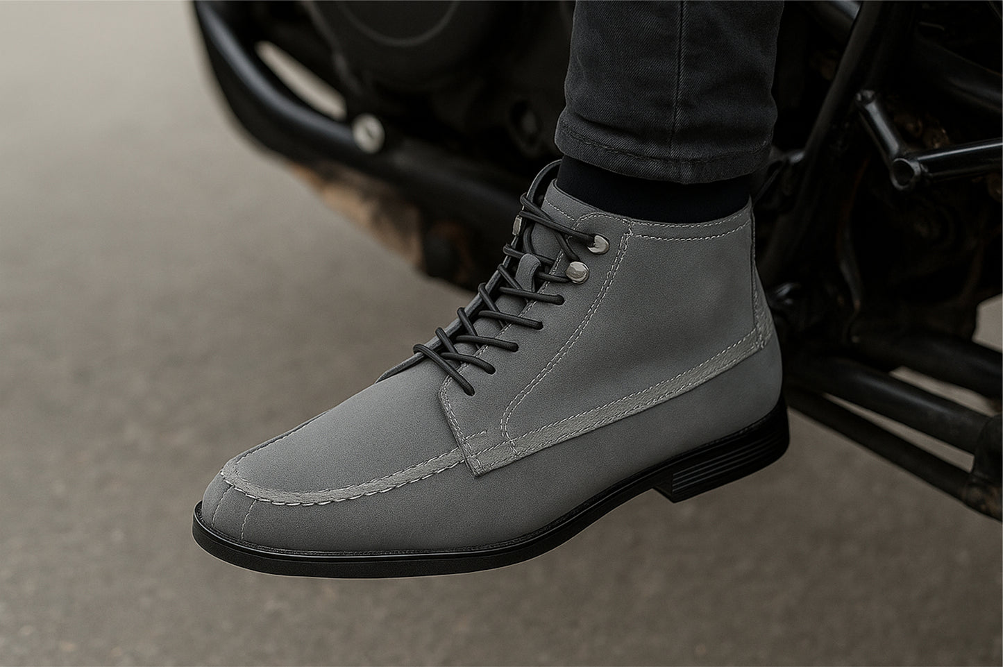 Grey Genuine Suede Leather Biker Boots For Men