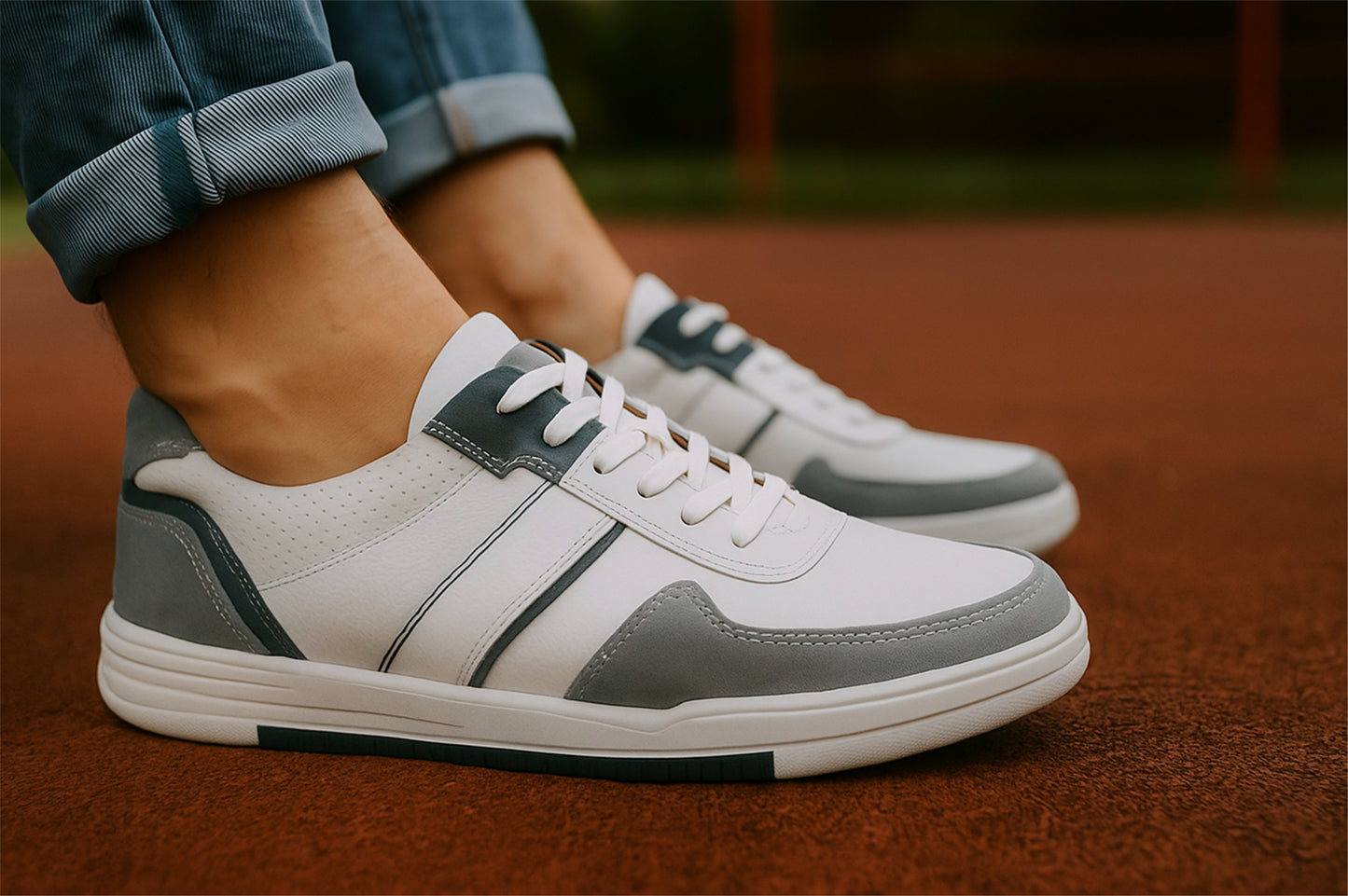 White & Grey leather Lace-up Sneakers for Men