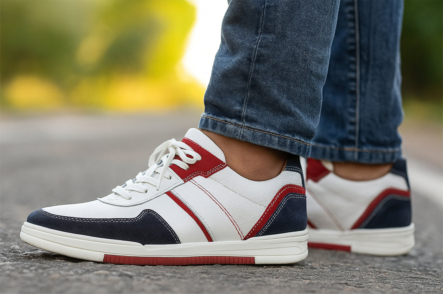 White & Blue leather Lace-up Sneakers for Men