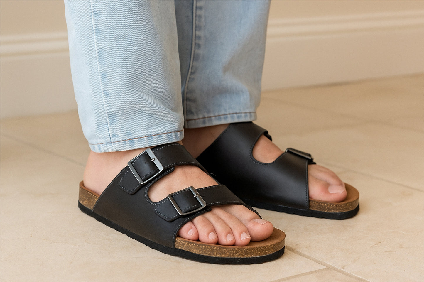 Black Leather Sandal Slip-on Casual Leather Flats For Men
