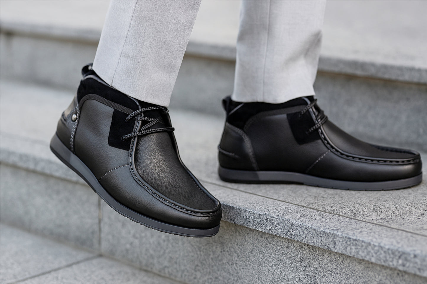Black Leather Formal Lace-Up Chuckka Boots For Men