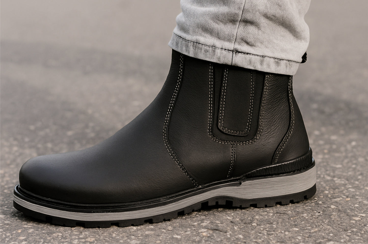 Black Leather Round Toe Mid Top Chelsea Boots