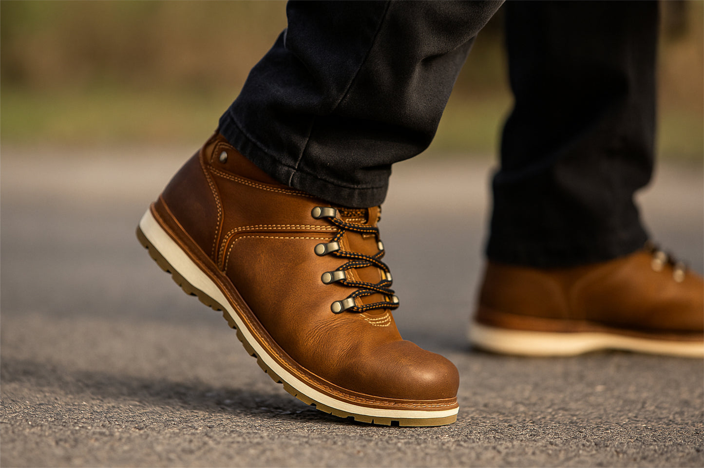Tan Leather Round Toe Mid Top Lace-Up Boots