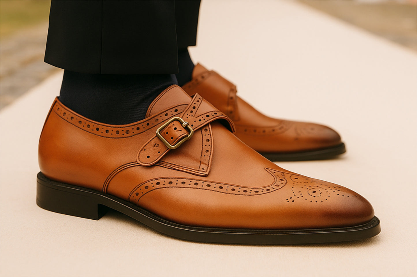 Tan Leather Brogues Single Strap Formal Monk Shoes