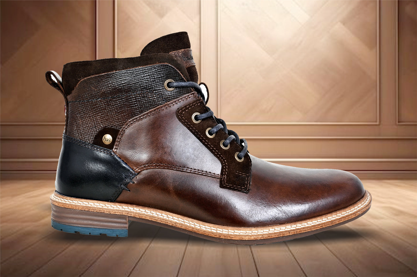 Brown Leather Textured Mid Top Biker Boots
