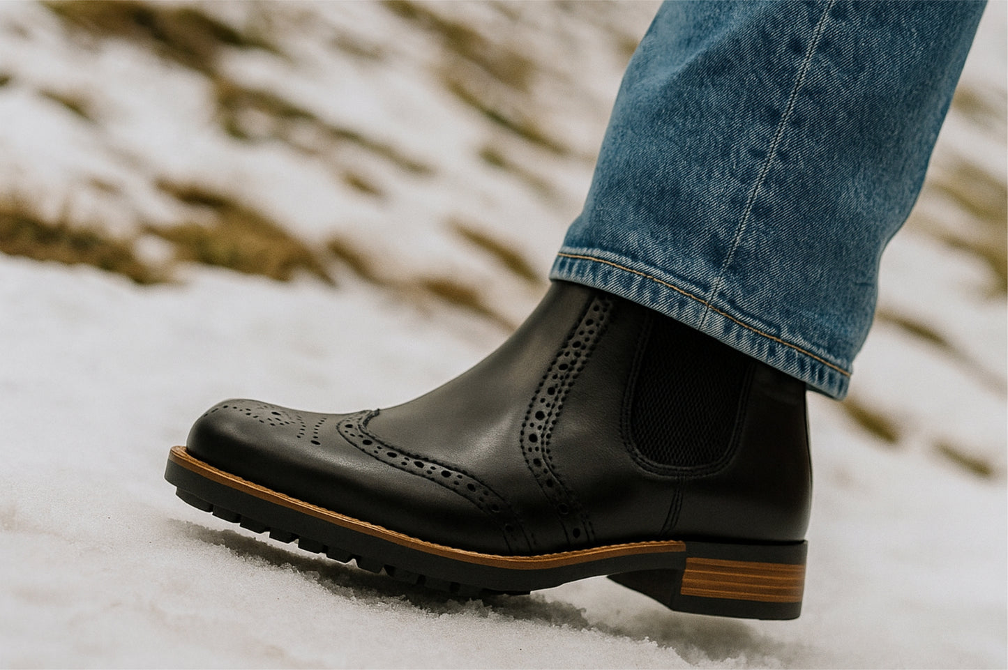 Black Genuine Leather Men's brogue Chelsea Boots For Casual