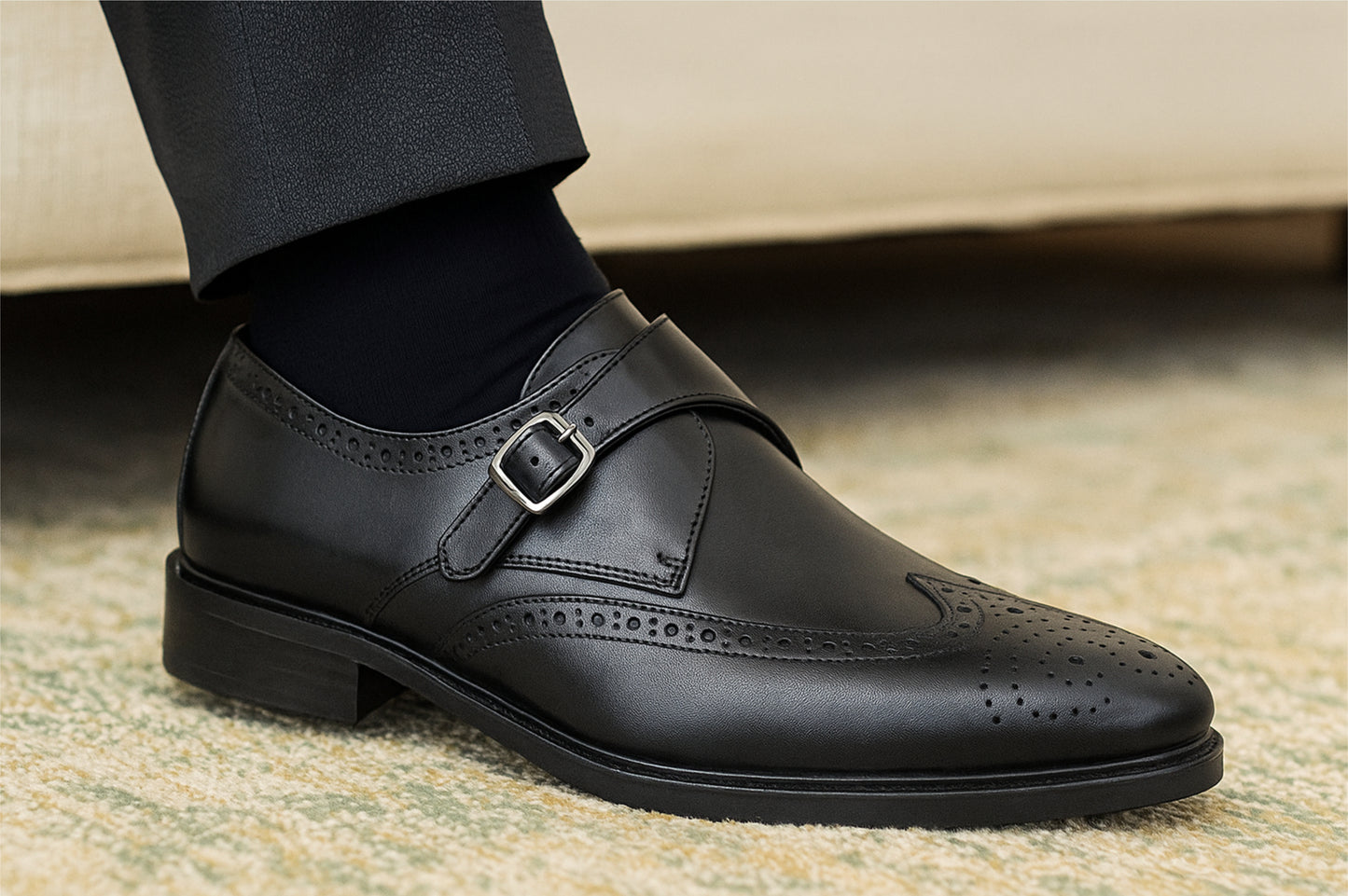 Black Leather Brogues Single Strap Formal Monk Shoes