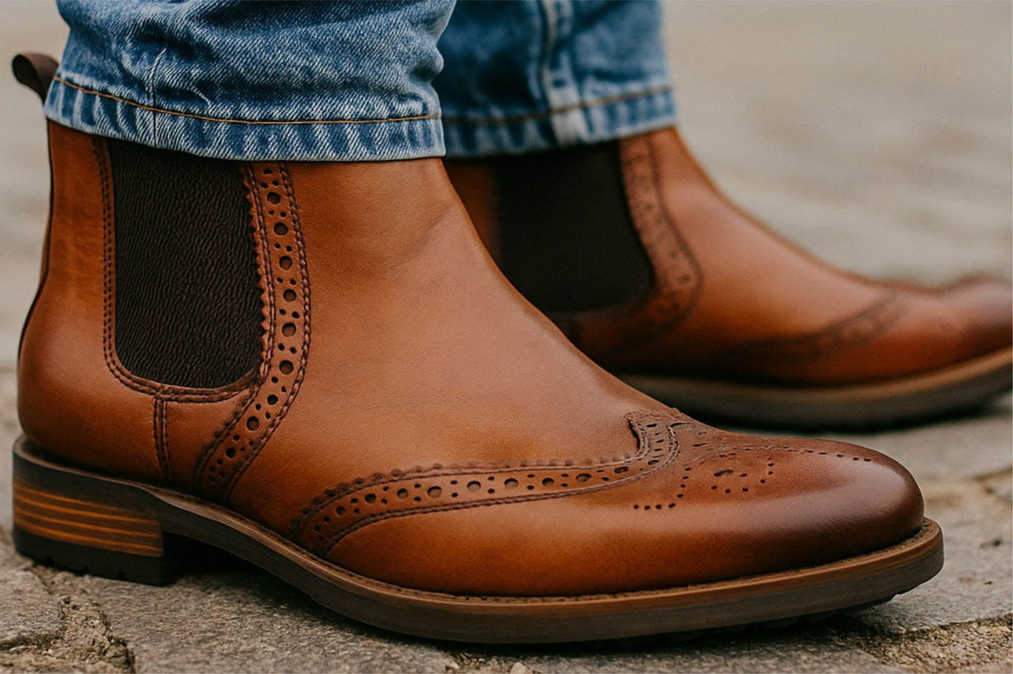 Tan Genuine Leather Men's brogue Chelsea Boots For Casual &