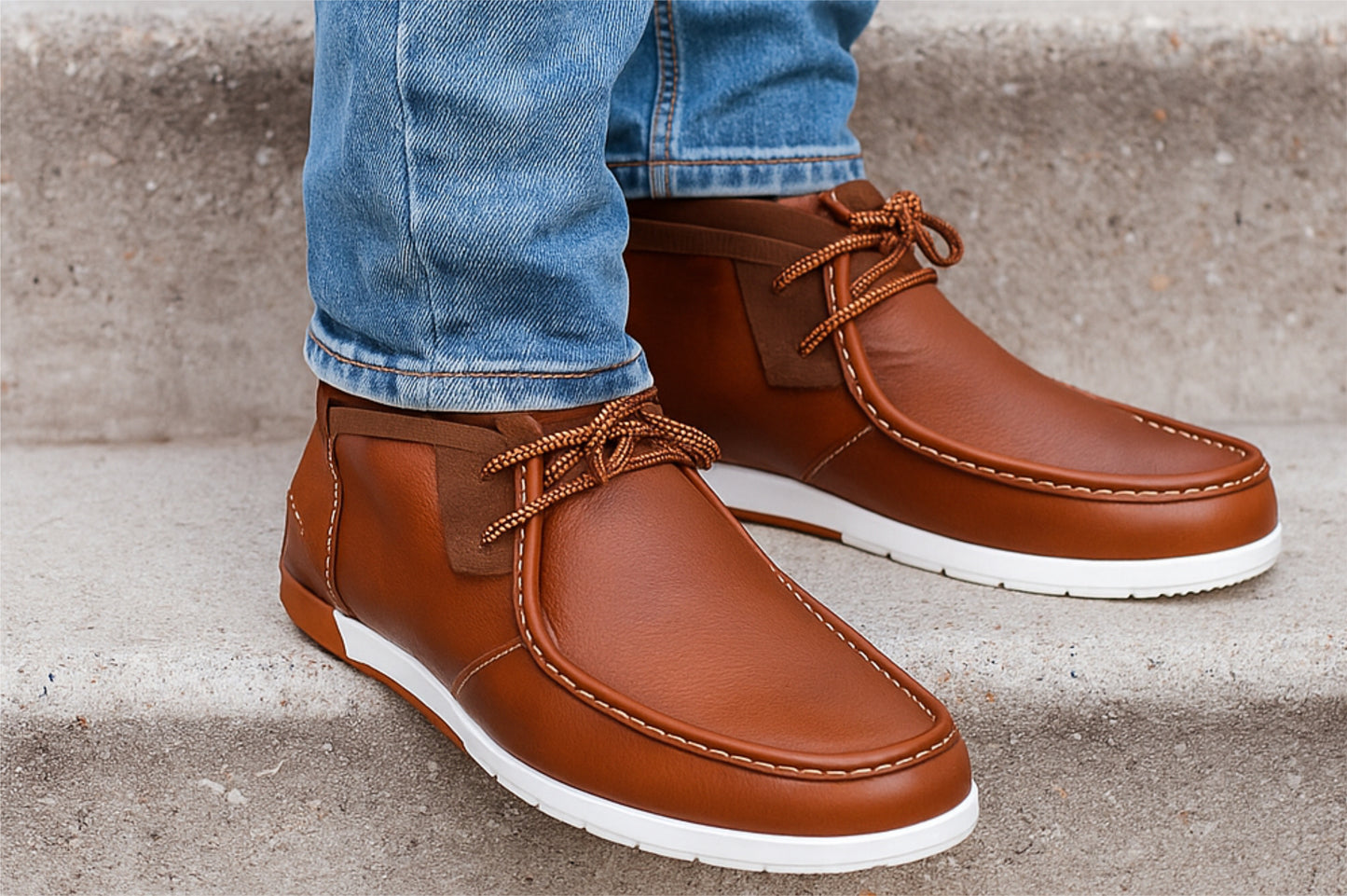 Tan Leather Formal Lace-Up Chuckka Boots For Men