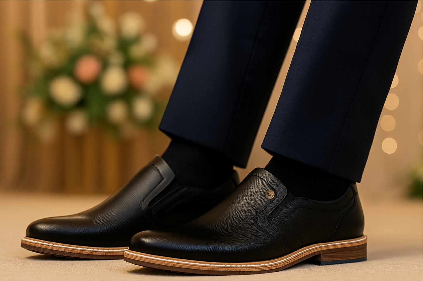 Black Leather Textured Formal Slip-On Shoes