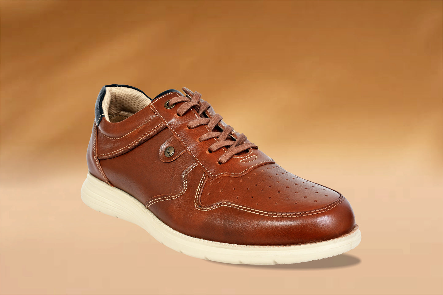 Tan Leather Men Perforations Round Toe Lightweight Sneakers