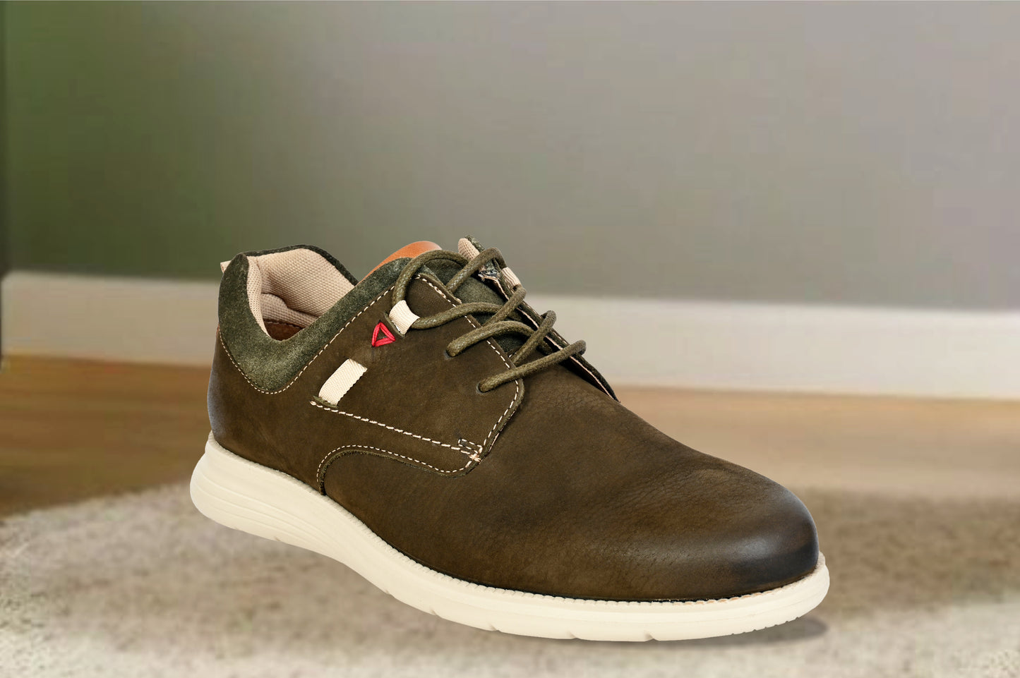Olive Leather Men Round Toe Lightweight Nubuck Sneakers