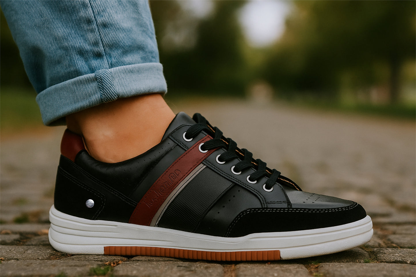 Black & Red leather Lace-up Sneakers for Men