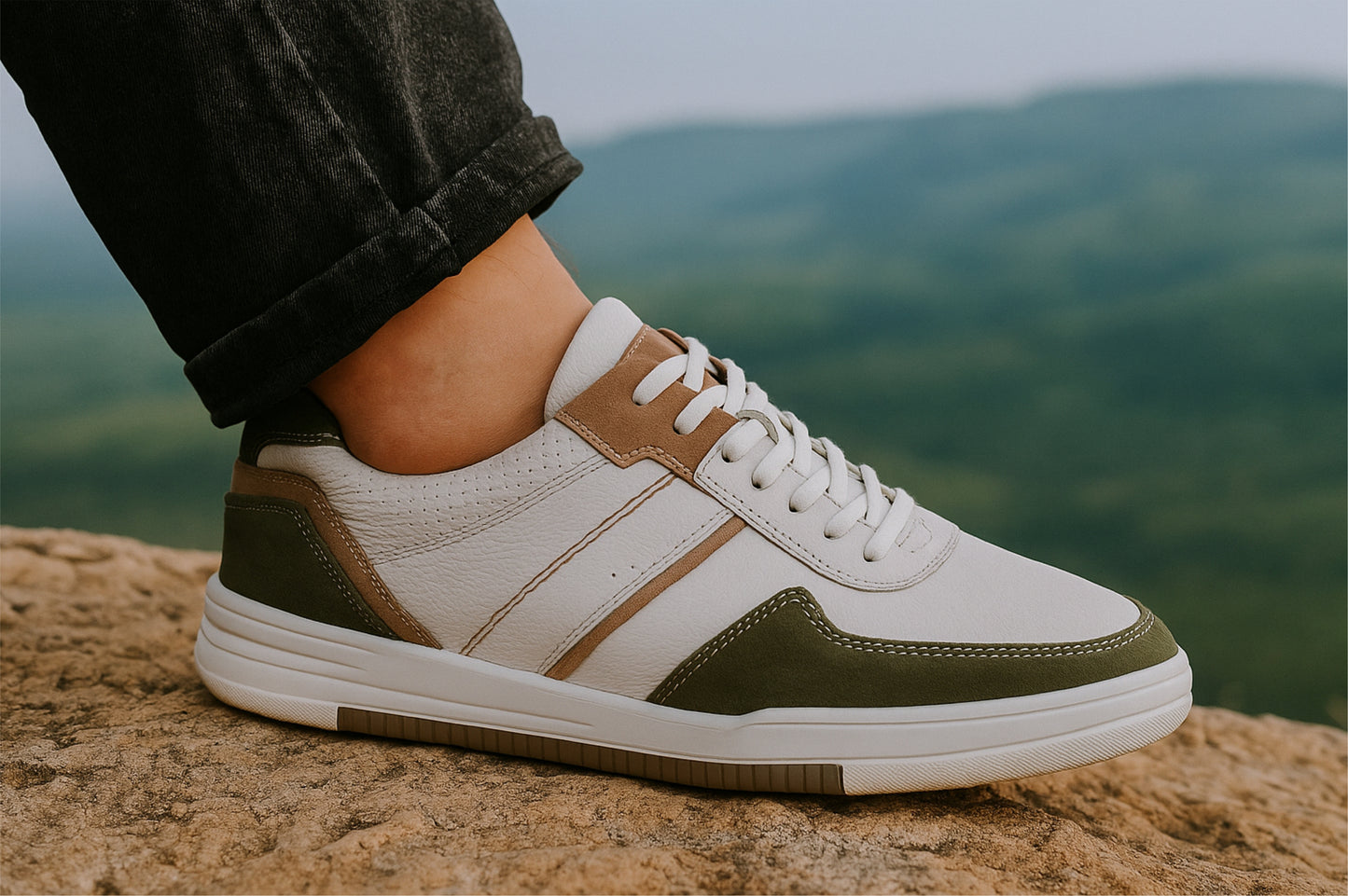 White & Olive leather Lace-up Sneakers for Men
