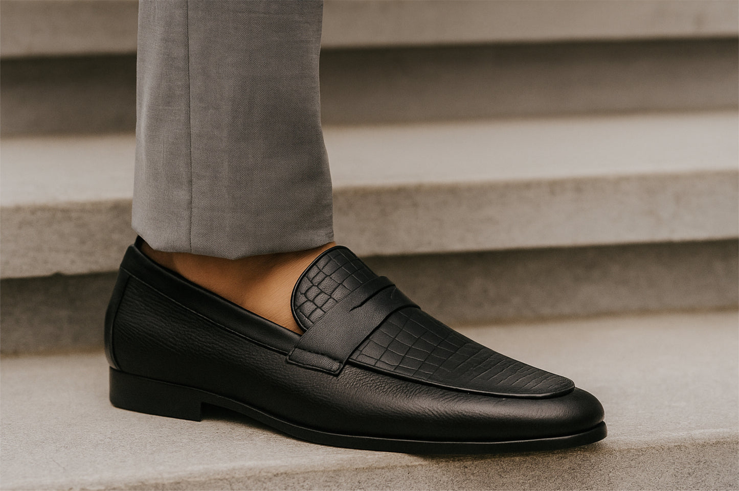 Black Genuine Leather Textured formal Loafers