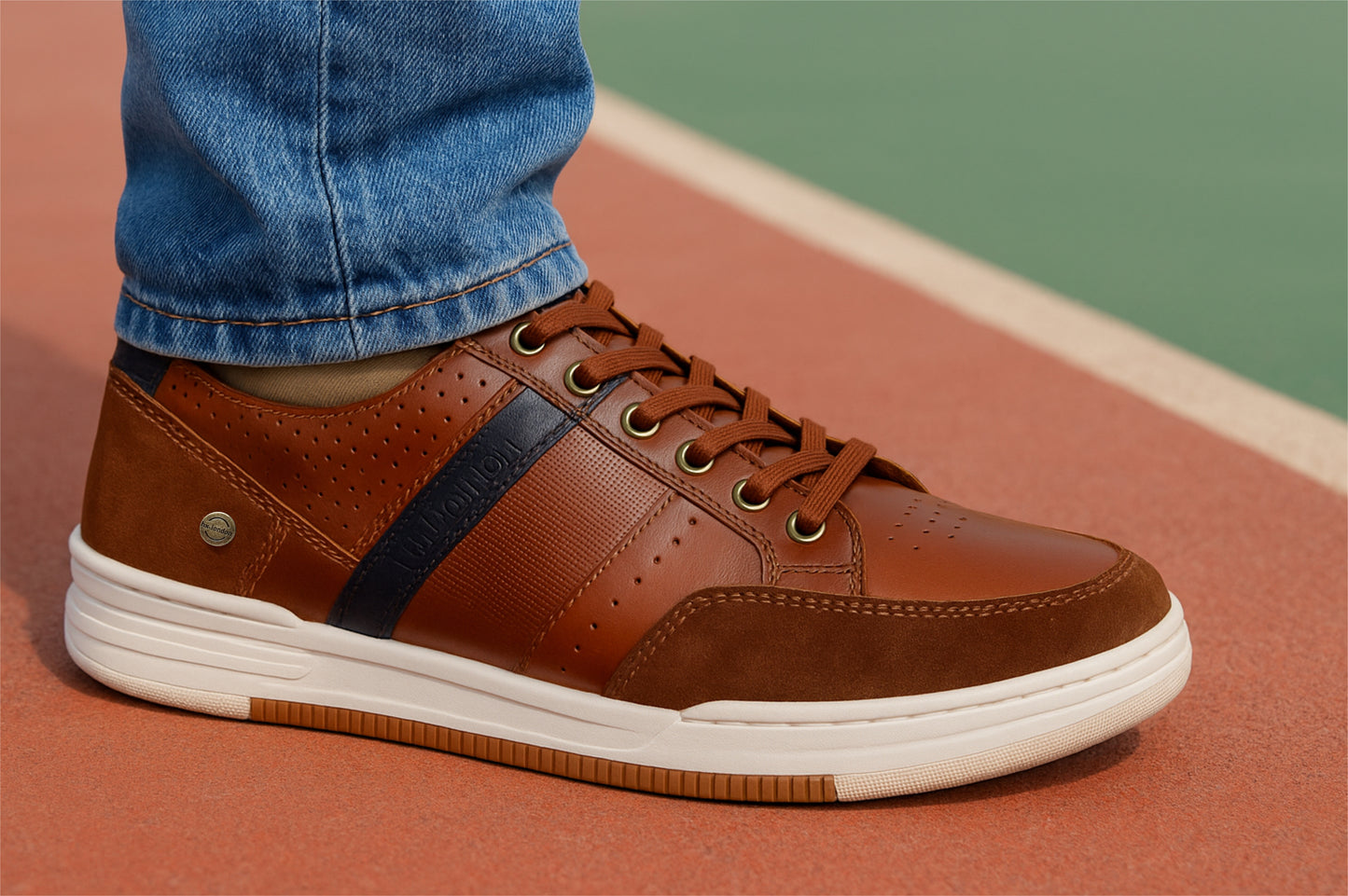 Tan & Navy leather Lace-up Sneakers for Men