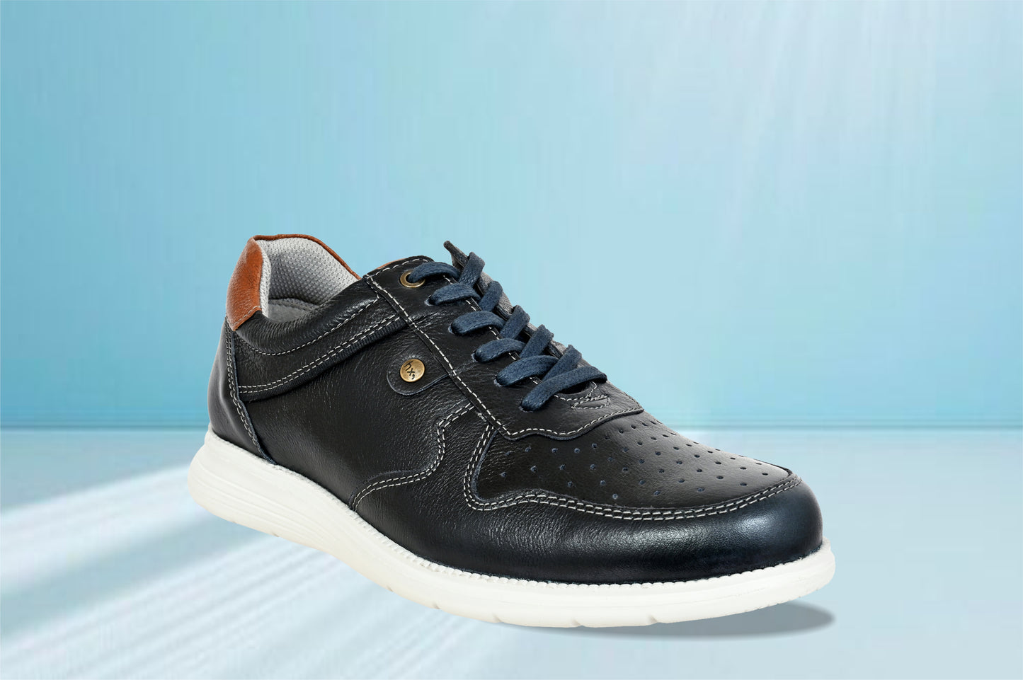 Navy Leather Men Perforations Round Toe Lightweight Sneakers