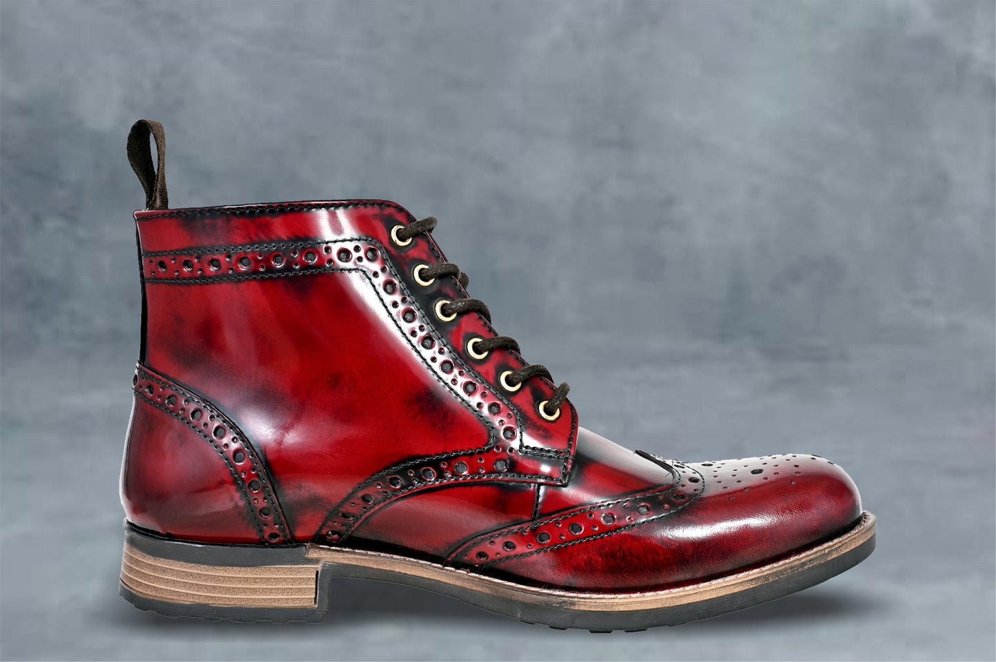 Burgundy Genuine Leather Men's brogue lace-up boots for Casual Wear