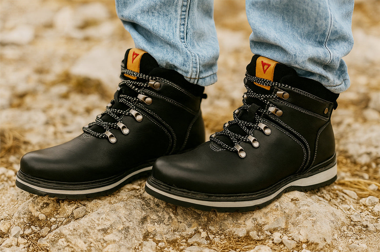 Black Leather Round Toe Mid Top Lace-Up Boots