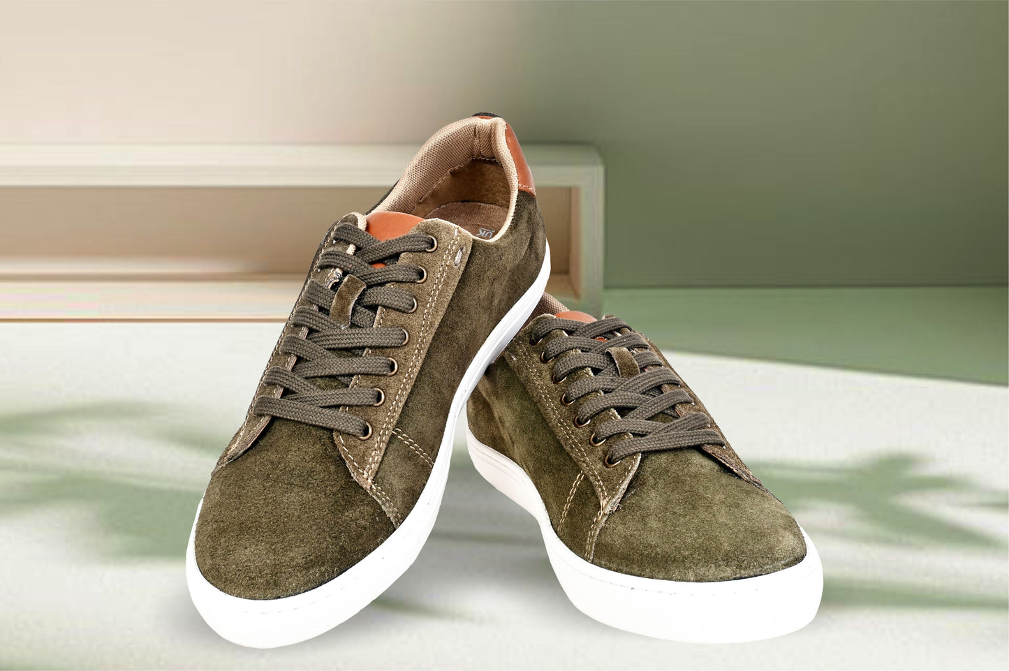Olive Genuine Suede Leather Formal Lace-Up Sneakers For Men